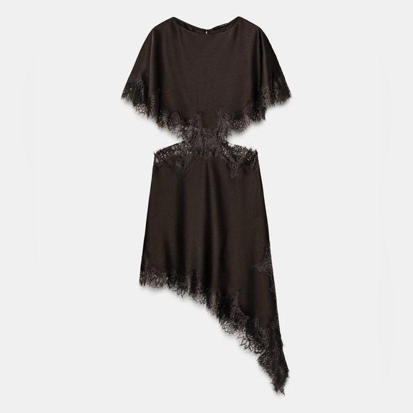 Zara NWT ZW Collection Brown Satin & Lace Cut Out Asymmetric Midi Dress (Large) - Picture 6 of 10